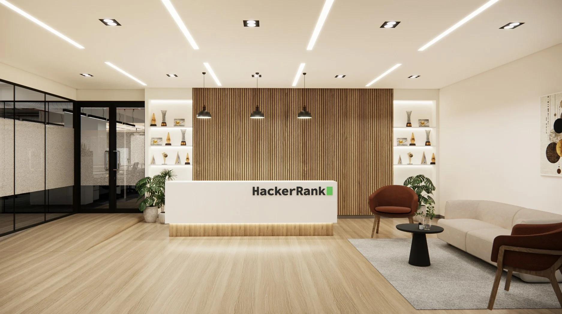 HackerRank office reception with its wordmark on the front desk