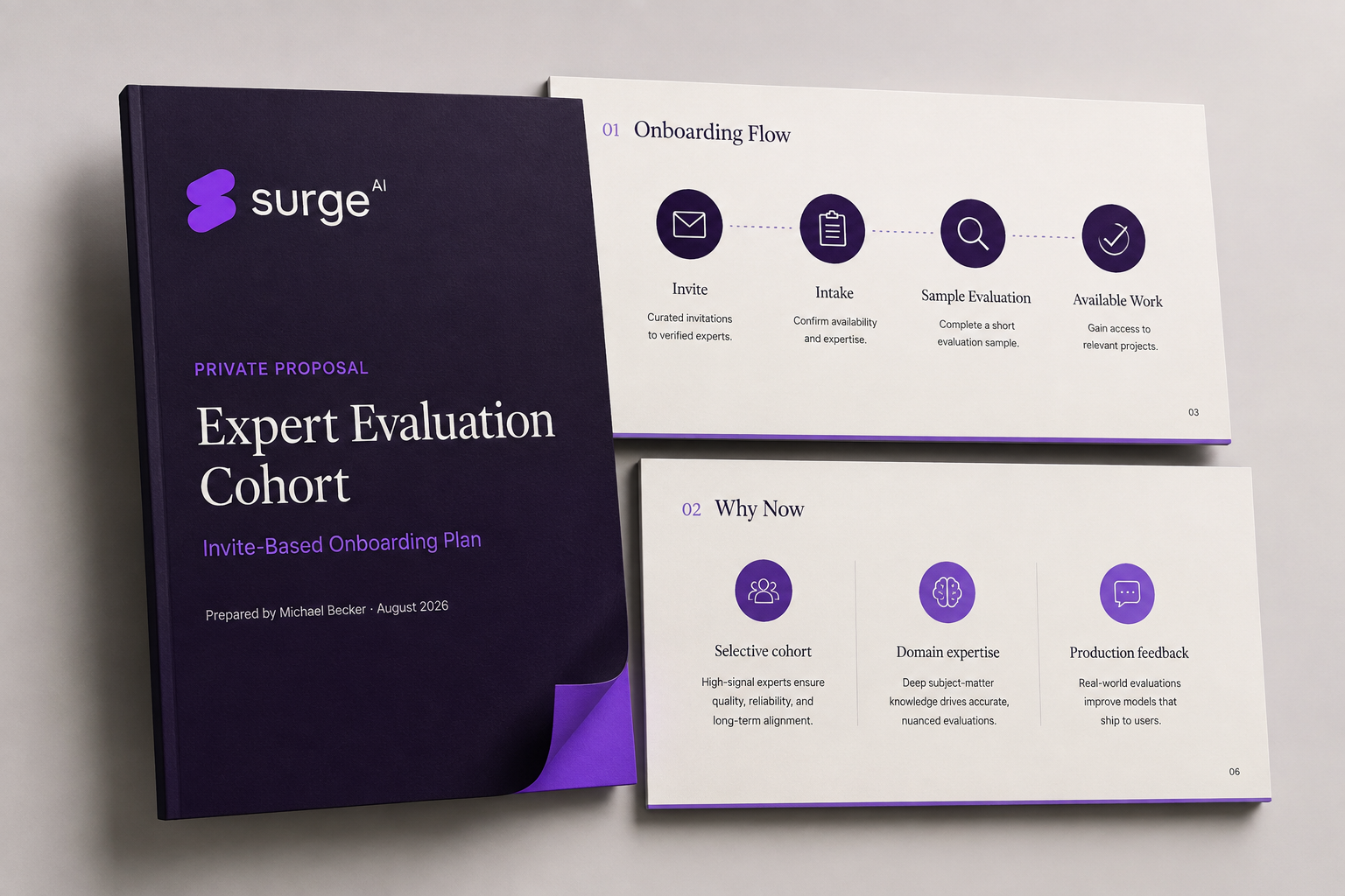 Cover of Michael Becker's Surge AI expert evaluation cohort strategy deck