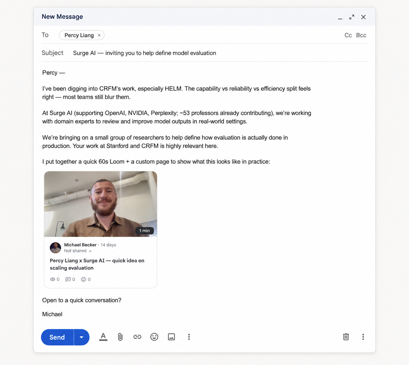 Personalized Surge AI outreach concept for Stanford professor Percy Liang