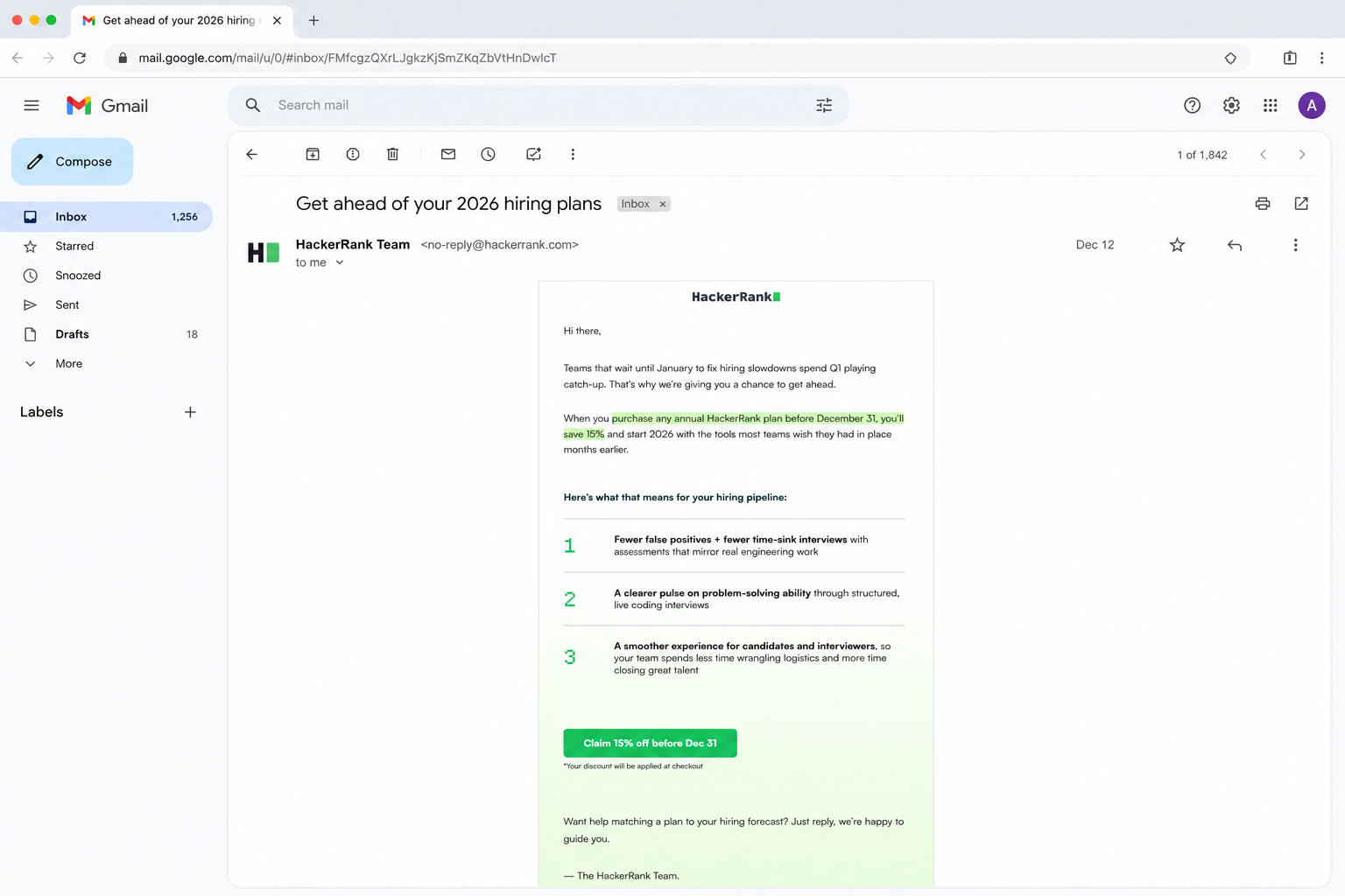 Holiday annual-plan upsell email for HackerRank customers