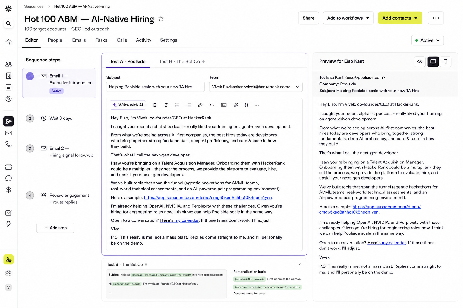 Hot AI 100 account-based email campaign in Apollo