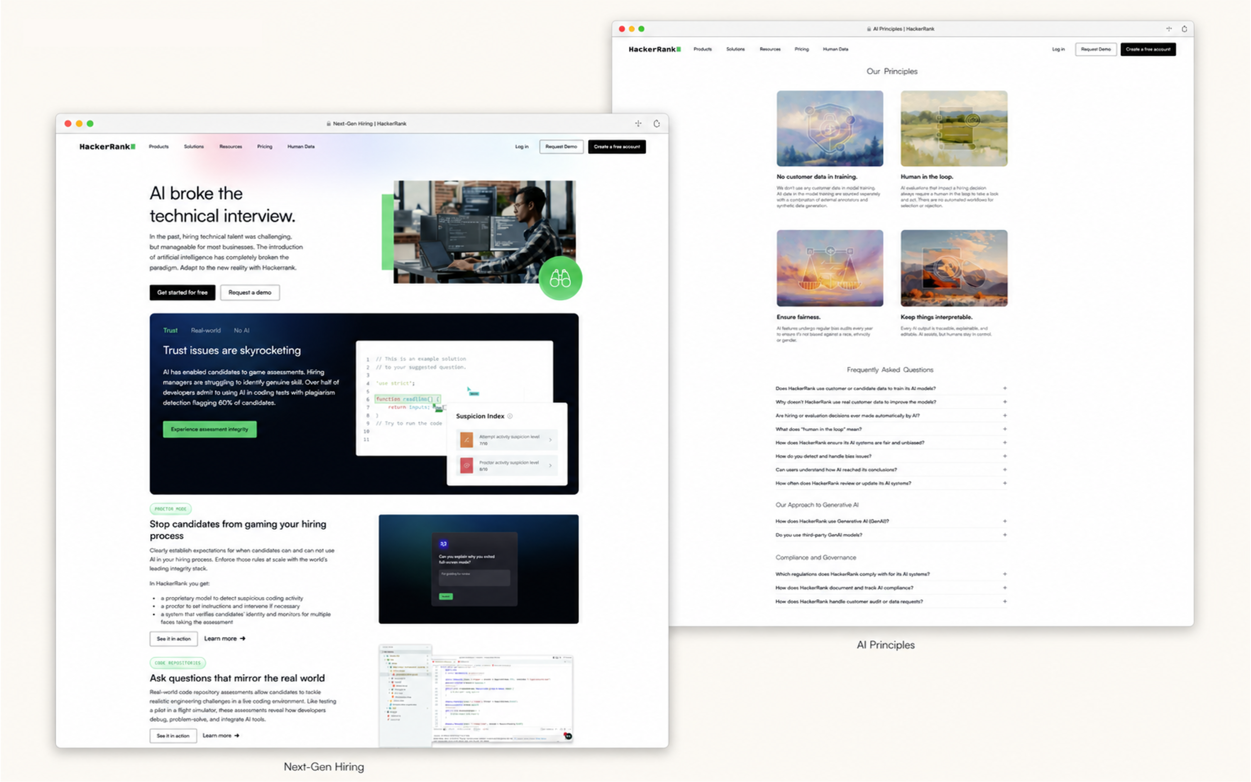 HackerRank Next-Gen Hiring and AI Principles web pages