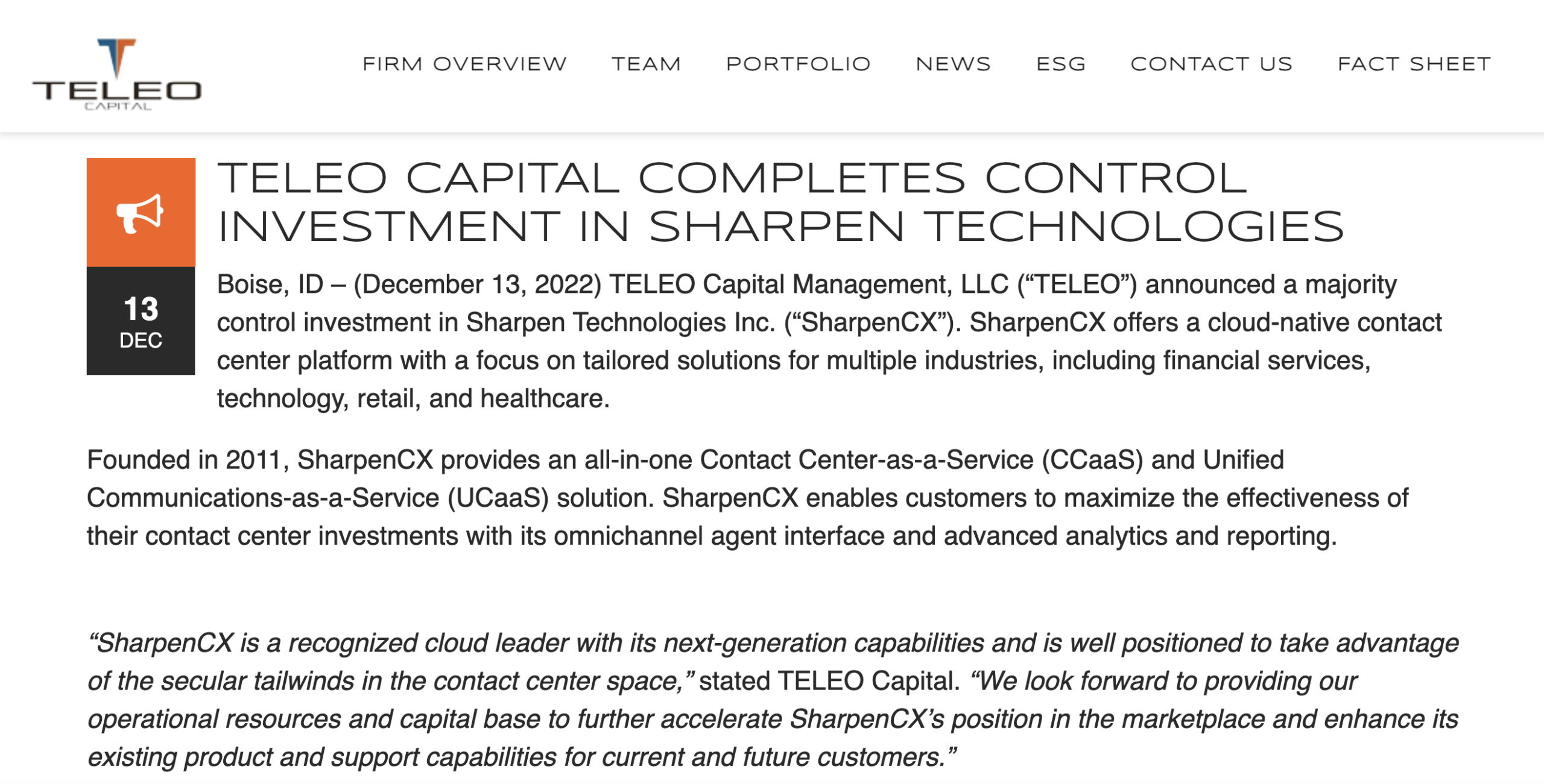 Announcement page about TELEO Capital's majority investment in Sharpen