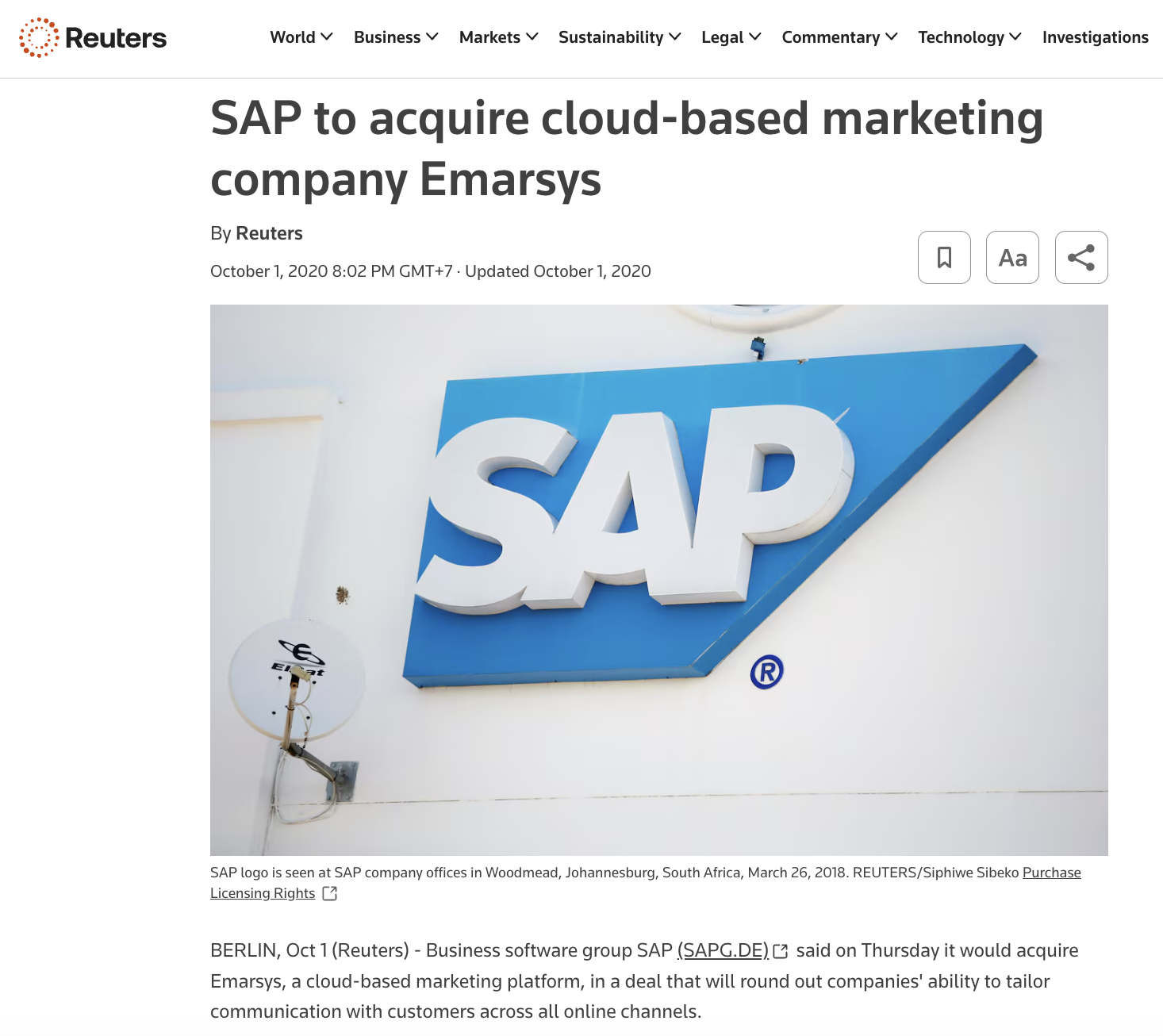 Reuters announcement that SAP acquired Emarsys